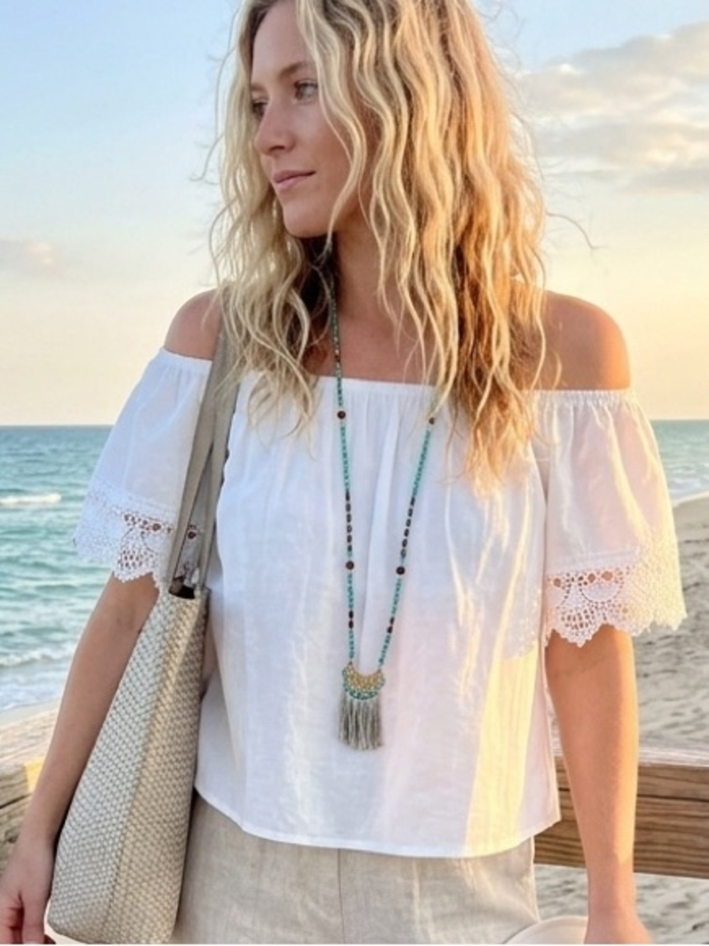 Off-Shoulder Cotton Lace Trim Top - White